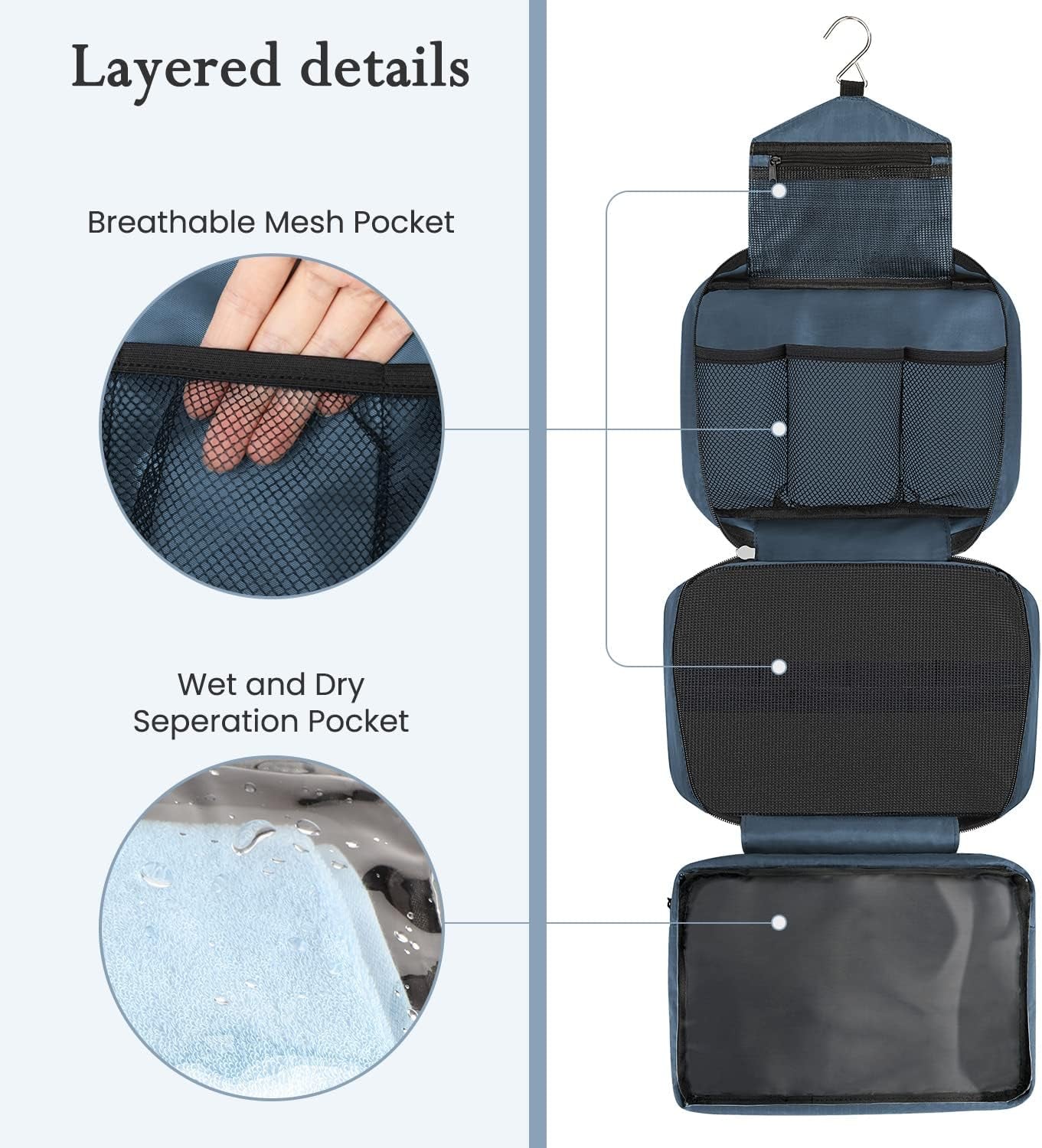 Trousse De Toilette,Pliable Grande Trousse De Toilette Voyage Pour Homme Et Femmes, Sac De Voyage Imperméable Et Suspendu Avec 4 Compartiments, Bleu Marine