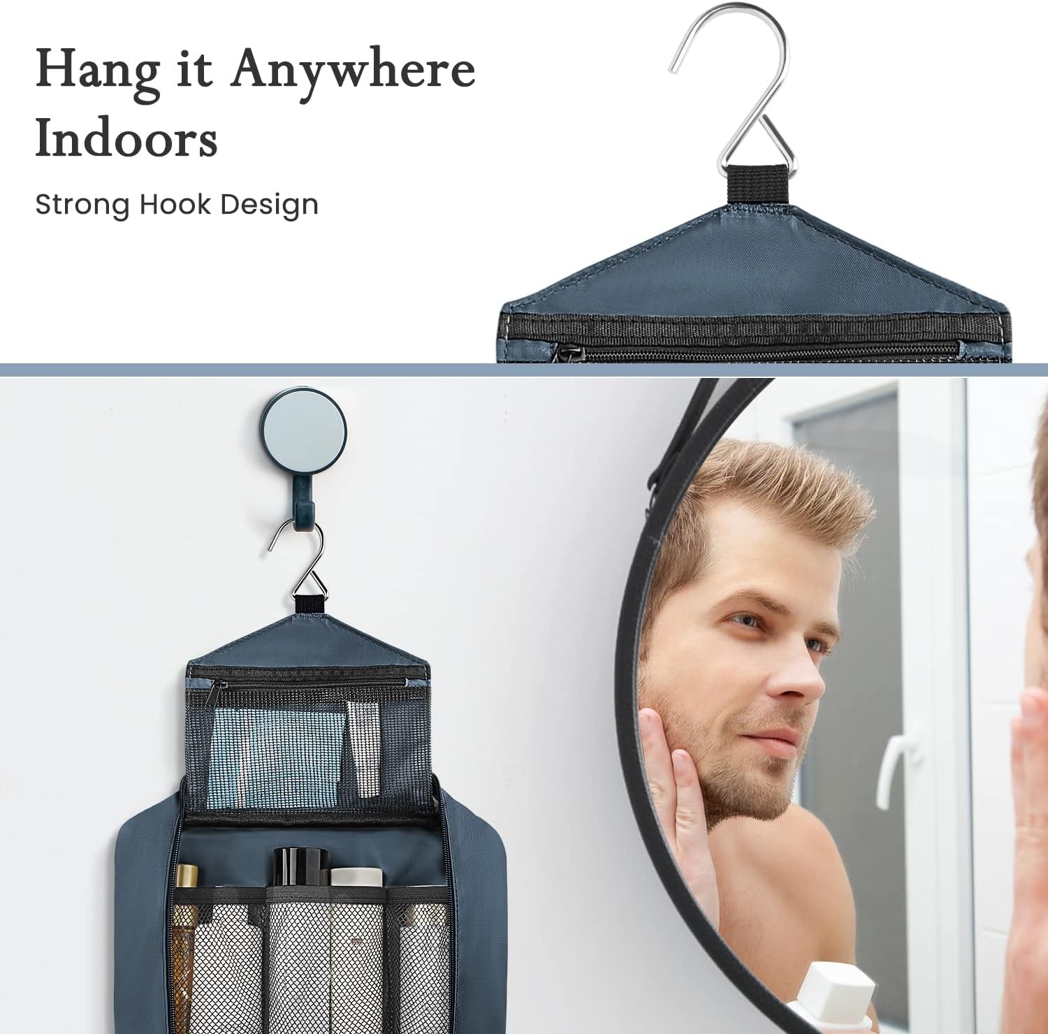 Trousse De Toilette,Pliable Grande Trousse De Toilette Voyage Pour Homme Et Femmes, Sac De Voyage Imperméable Et Suspendu Avec 4 Compartiments, Bleu Marine