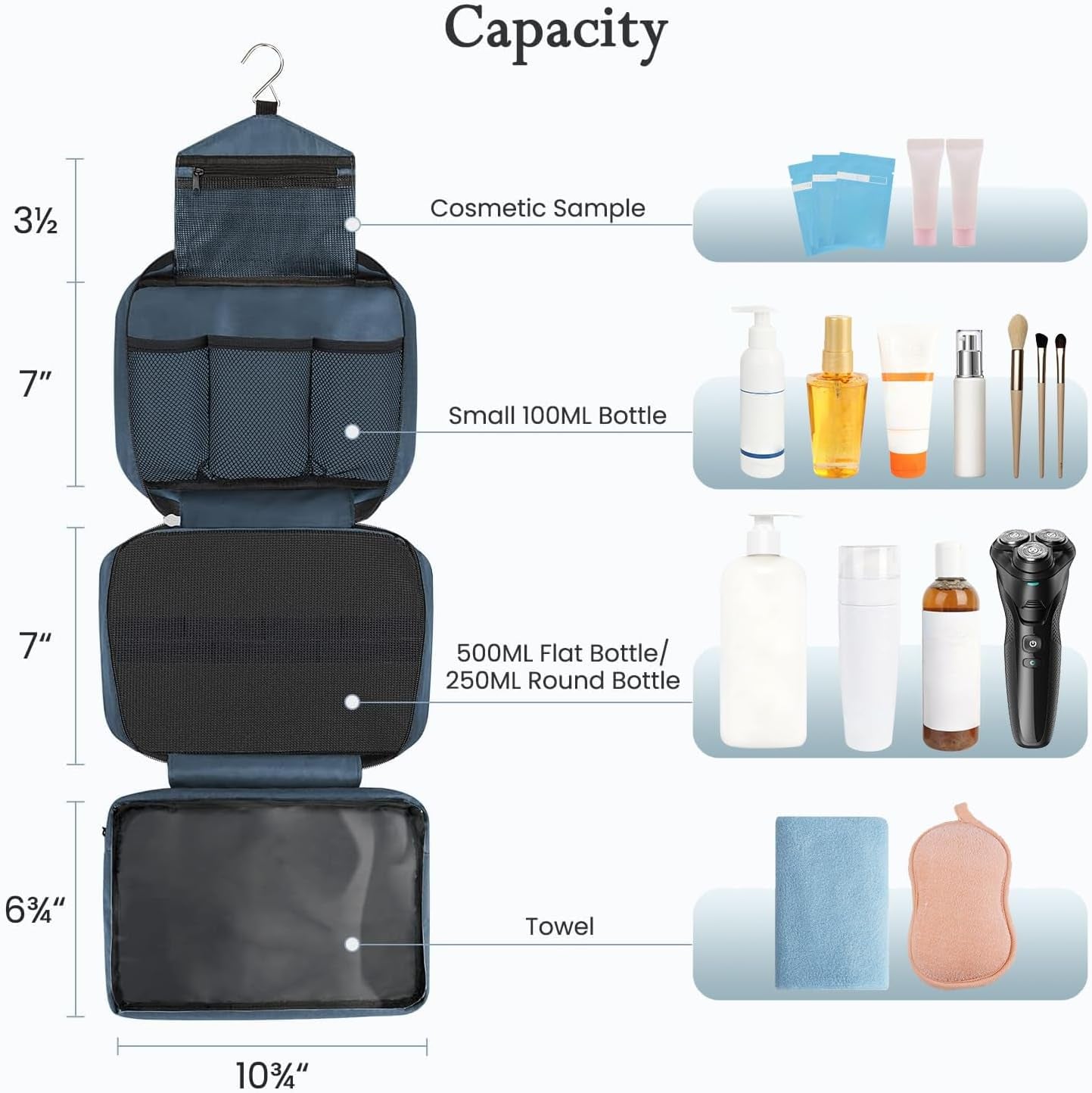 Trousse De Toilette,Pliable Grande Trousse De Toilette Voyage Pour Homme Et Femmes, Sac De Voyage Imperméable Et Suspendu Avec 4 Compartiments, Bleu Marine