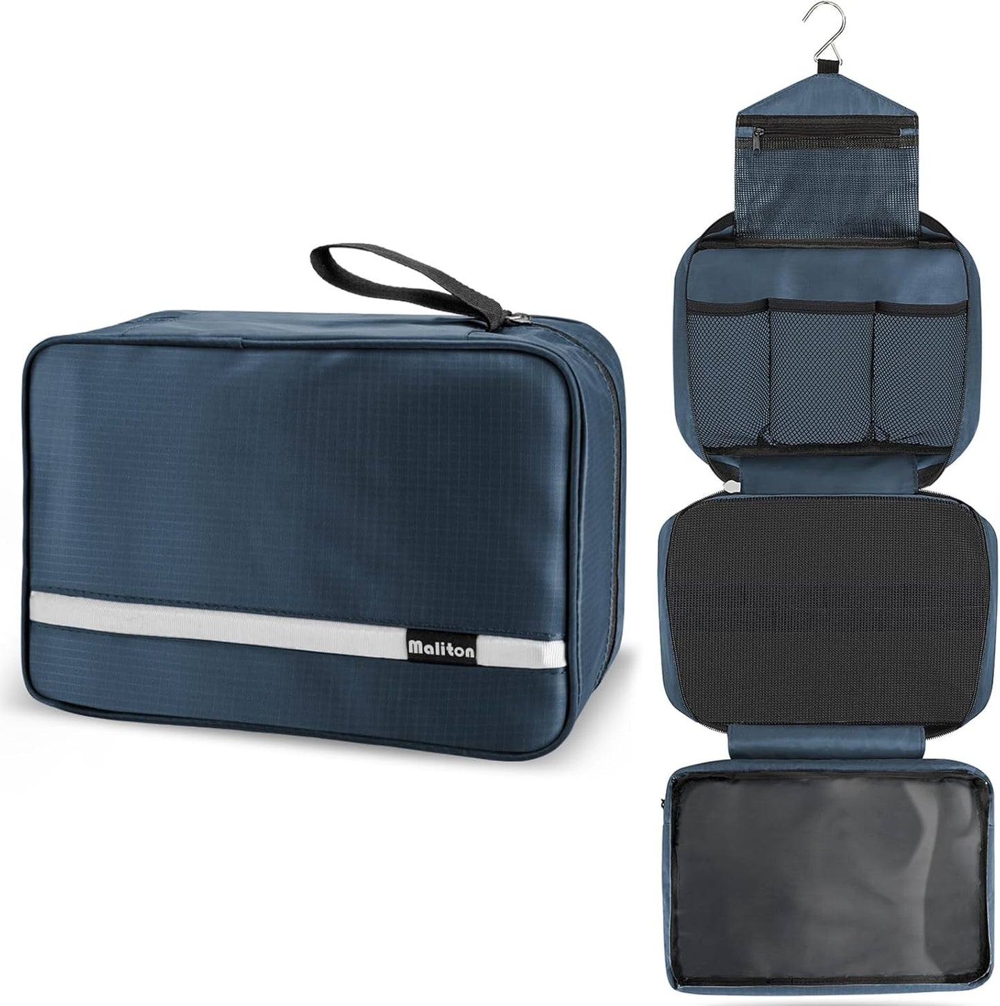Trousse De Toilette,Pliable Grande Trousse De Toilette Voyage Pour Homme Et Femmes, Sac De Voyage Imperméable Et Suspendu Avec 4 Compartiments, Bleu Marine