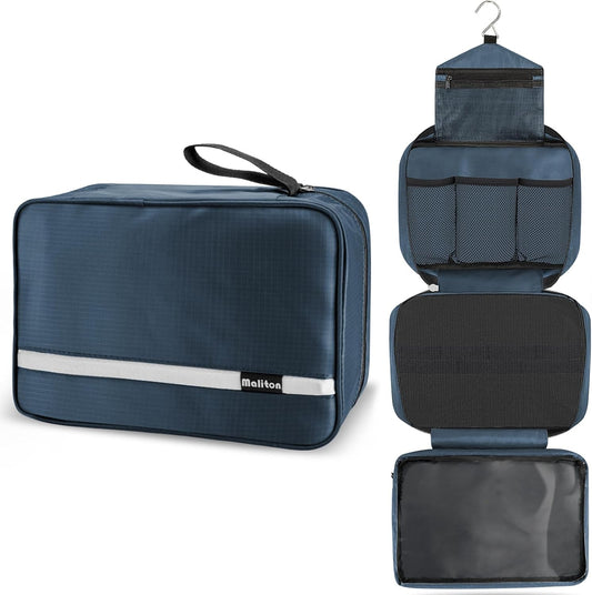Trousse De Toilette,Pliable Grande Trousse De Toilette Voyage Pour Homme Et Femmes, Sac De Voyage Imperméable Et Suspendu Avec 4 Compartiments, Bleu Marine